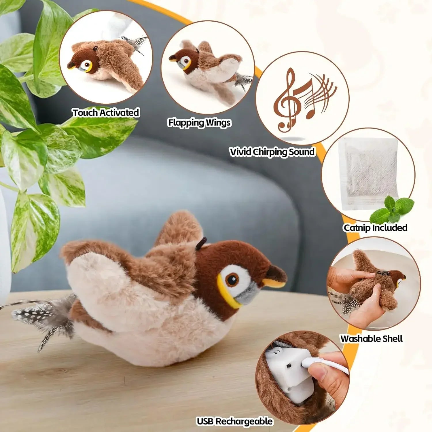 TweetJoy Rechargeable Chirping Flapping Bird Toy for Cats